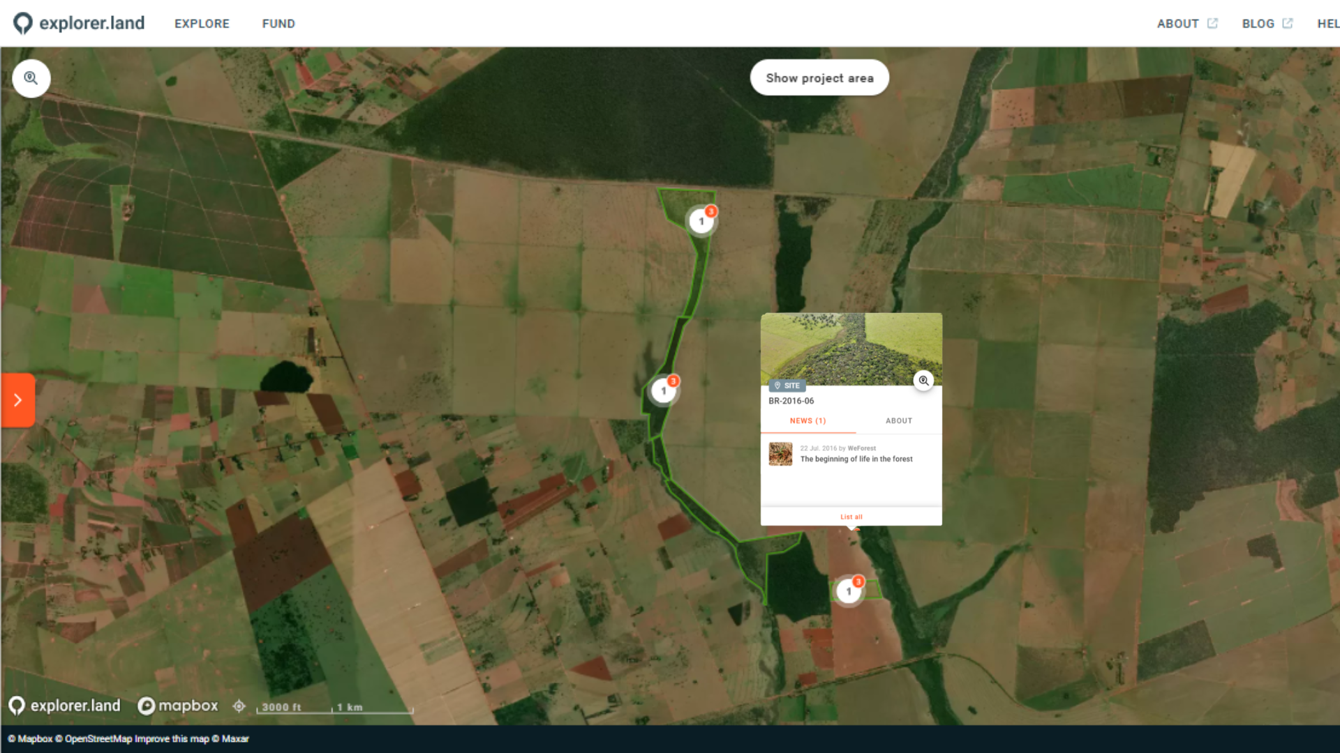 A wildlife corridor on explorer.land interactive map